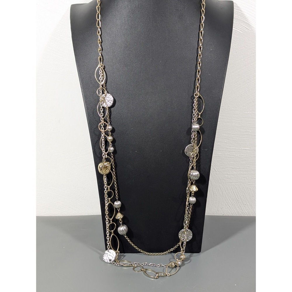 Chicos Two Tone Multi Chain Long Necklace Hammered Oval Link Boho‎ Coastal Chic